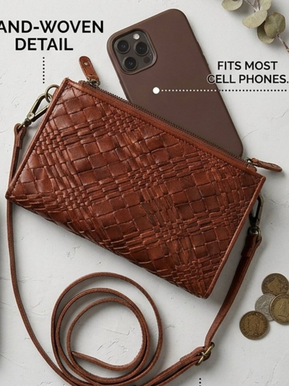 Vintage Genuine Leather Woven Crossbody Wallet Bag Phone Purse Organizer Brown